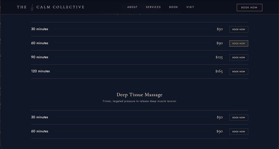 The Calm Collective Services and pricing page